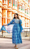 Yufta Women Blue Printed Pure Cotton Anarkali Kurta with Trouser & With Dupatta | Grab2Buy