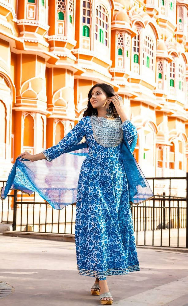 Yufta Women Blue Printed Pure Cotton Anarkali Kurta with Trouser & With Dupatta | Grab2Buy