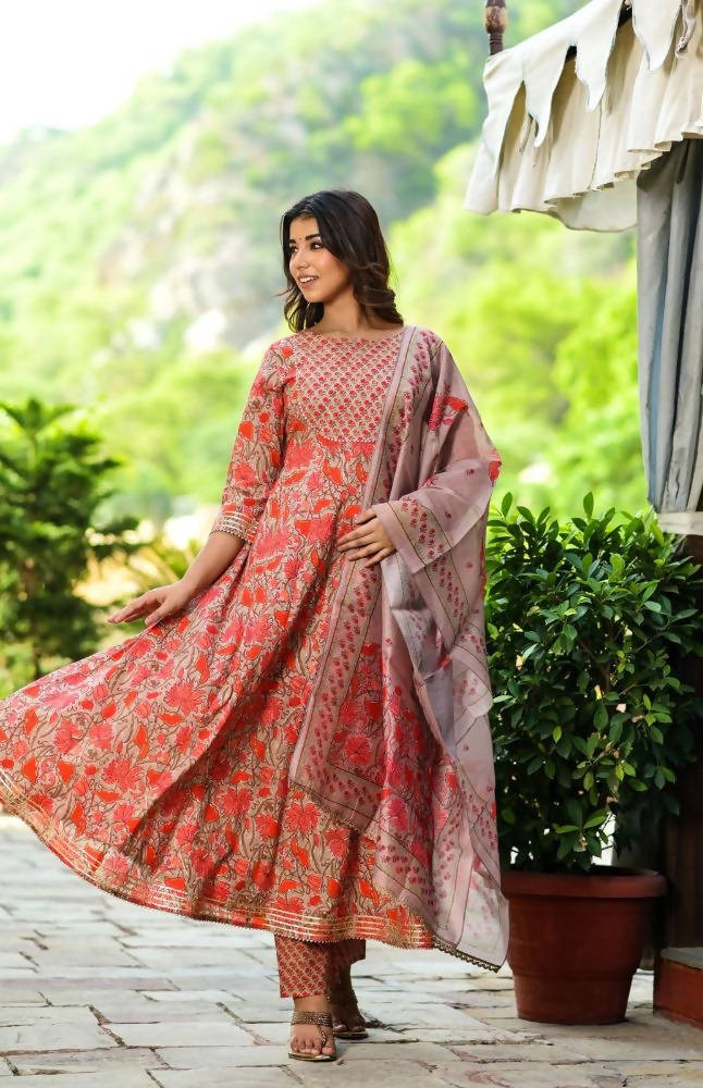 Yufta Women Red Floral Yoke Design Regular Aari Work Pure Cotton Kurta with Trouser & With Dupatta | Grab2Buy