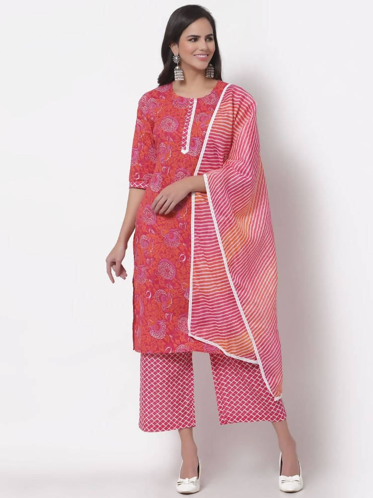 Myshka Women's Cotton Printed 3/4 Sleeve Round Neck Casual Pink Kurta Pant Dupatta Set | Grab2Buy