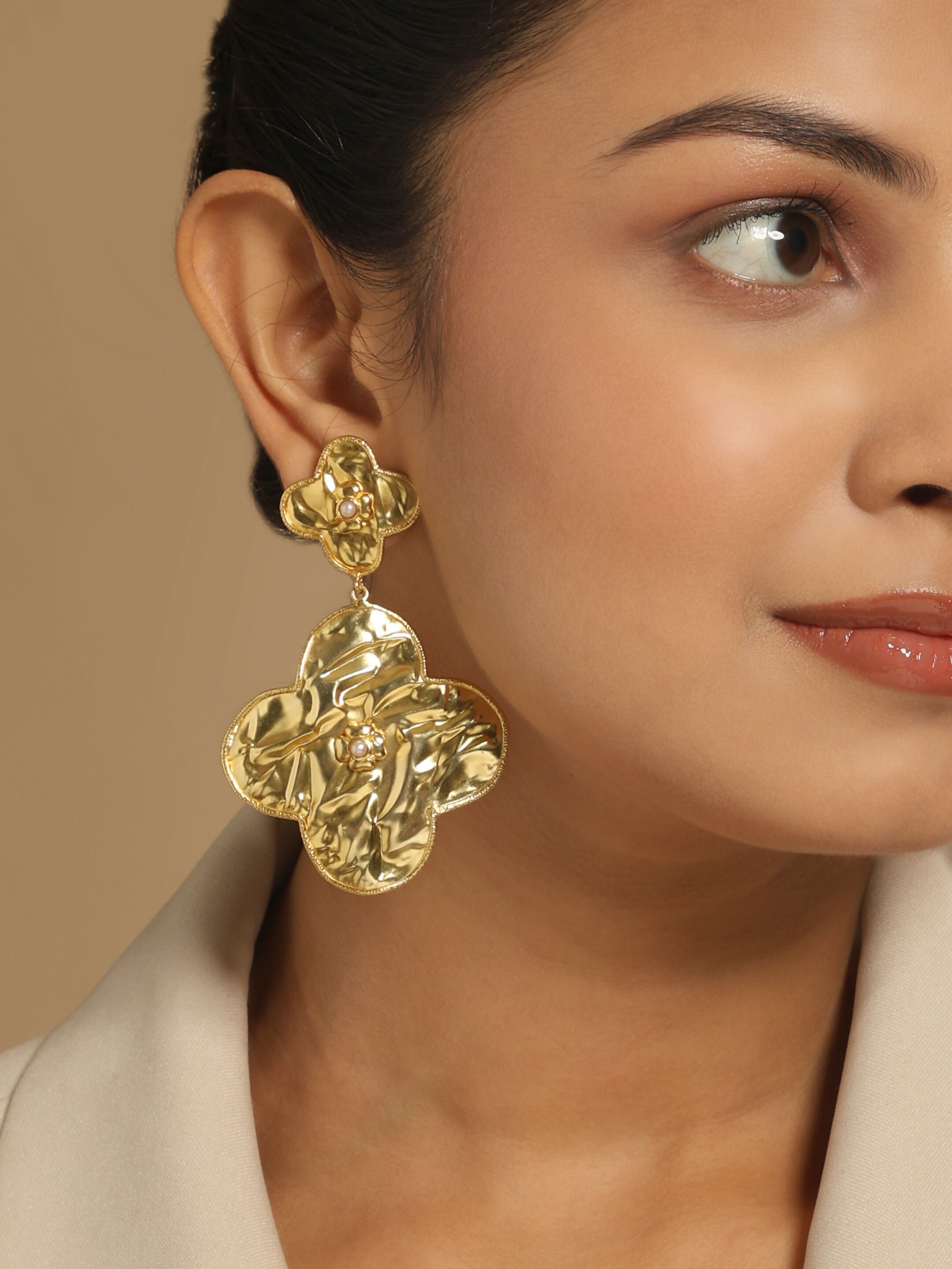 Nuyug 18k Gold-Plated Contemporary Molten Metallic Finish Floral Drop Dangler Earrings | Grab2Buy