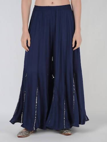 Mominos Fashion Navy Blue Viscose Rayon Flared Palazzo with Mirror Lace Work | Grab2Buy