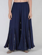 Mominos Fashion Navy Blue Viscose Rayon Flared Palazzo with Mirror Lace Work | Grab2Buy