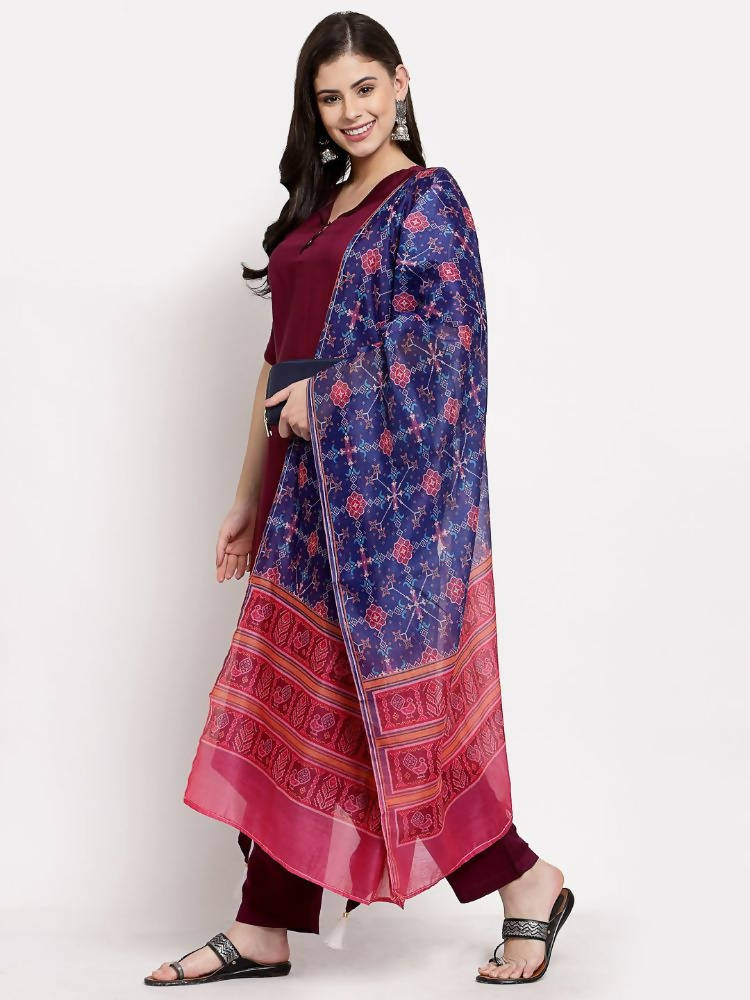 Myshka Women's burgundy Cotton Solid Half Sleeve Collar Neck Casual Kurta Pant Dupatta Set | Grab2Buy