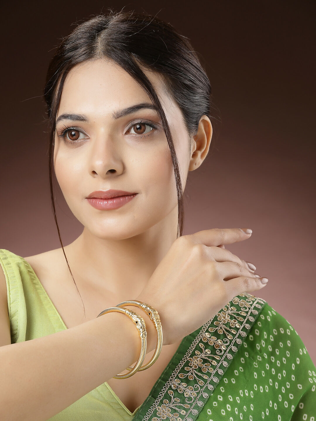 NVR Women's Set of 2 Gold-Polished Handcrafted Traditional Bangles