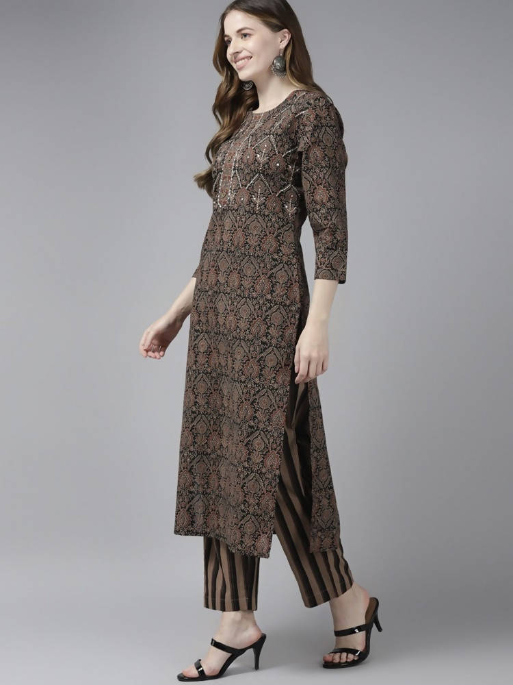 Yufta Women Black Ethnic Motifs Printed Pure Cotton Kurta with Trouser and Dupatta | Grab2Buy