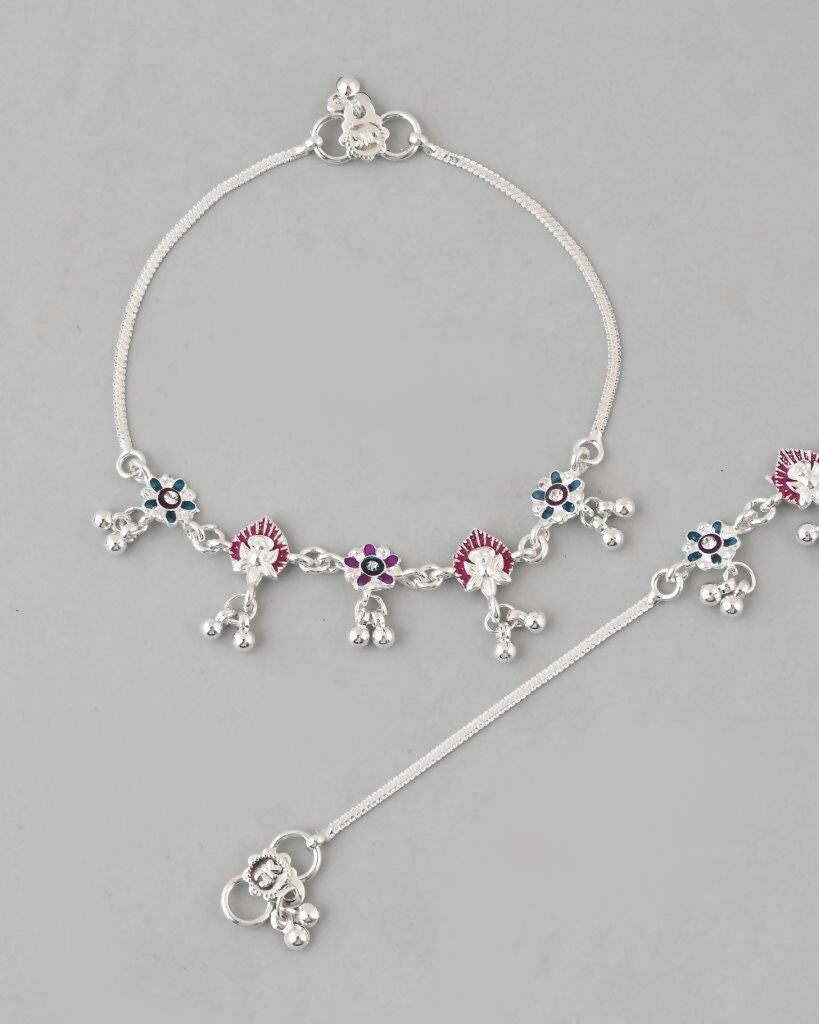 VOJ Set of 2 Silver Plated Designer Multi Color Anklet | Grab2Buy