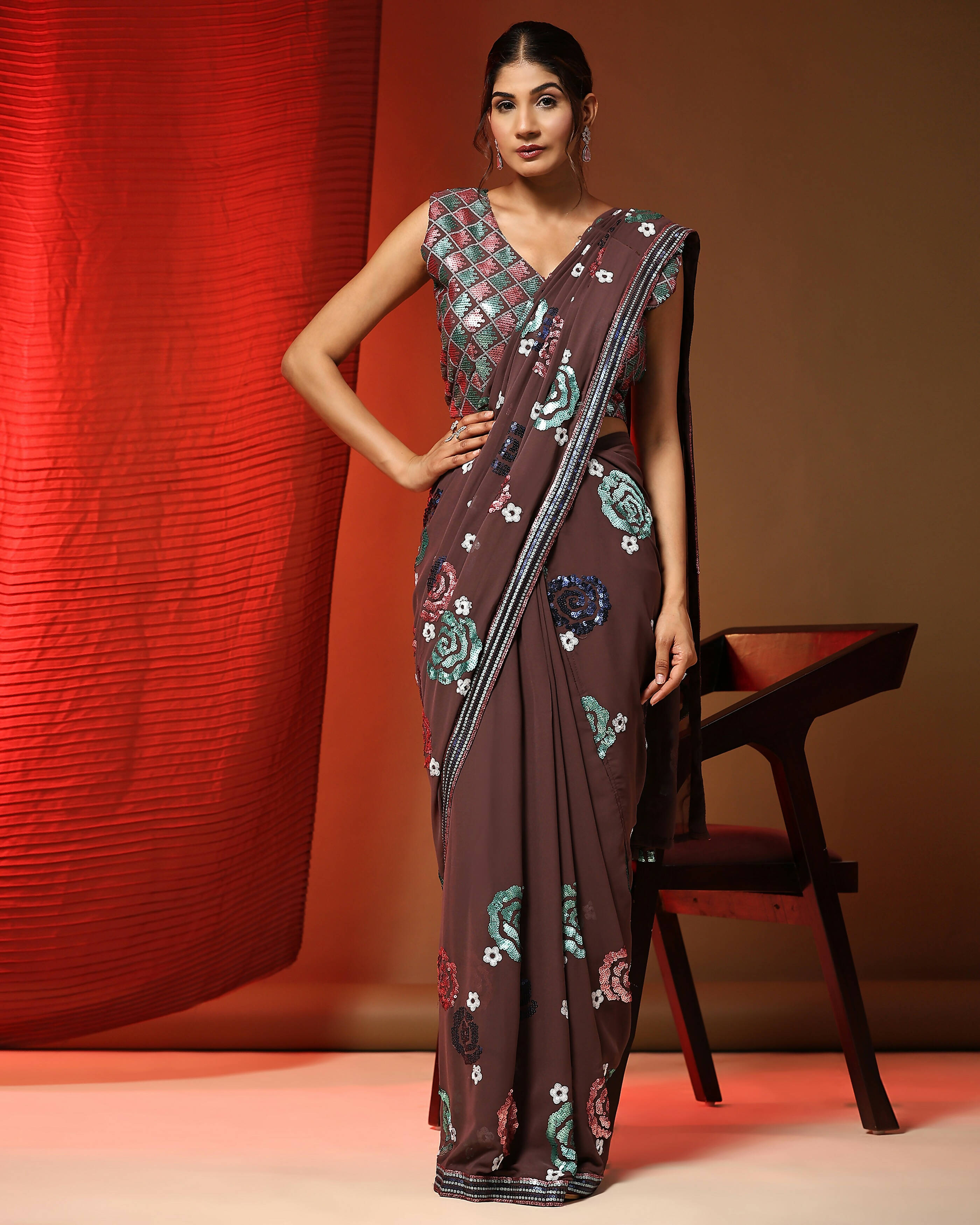 Brown Pure Georgette Sequence work Ready to wear Saree with stitched Blouse - Nirvana | Grab2Buy