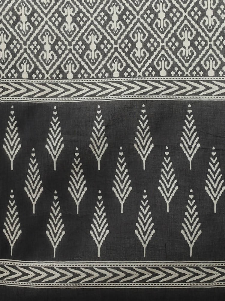 Yufta Women Black & Off-White Ethnic Motifs Printed Thread Work Cotton Kurta Set & Dupatta | Grab2Buy