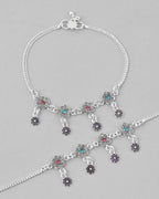 VOJ Set of 2 Silver Plated Flower Shaped Meenakari Anklet