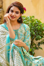 Yufta Blue Printed Tiered Kurta with Trouser and Dupatta | Grab2Buy