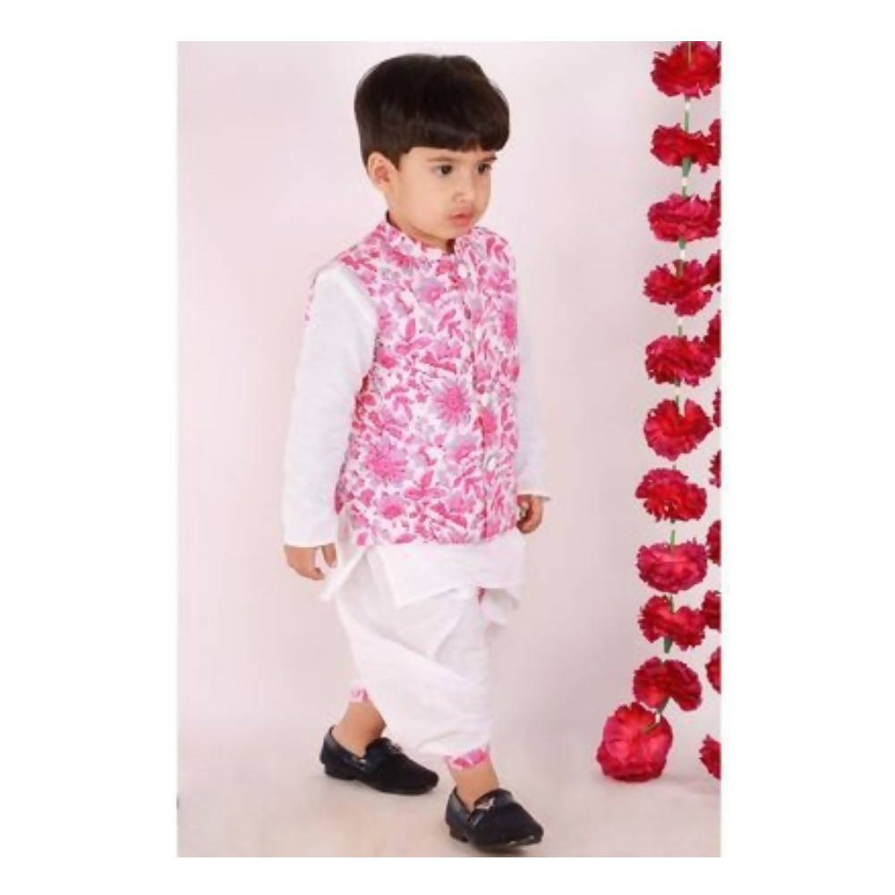 Little Bansi Boys Pink and White Color Bengali Kantha work floral Jacket with Kurta and Dhoti | Grab2Buy