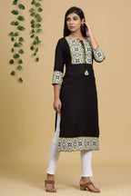 Yufta Women Black & Yellow Geometric Yoke Design Straight Kurta | Grab2Buy