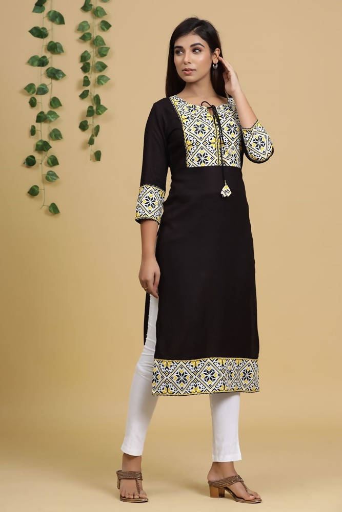 Yufta Women Black & Yellow Geometric Yoke Design Straight Kurta | Grab2Buy
