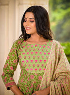 Yufta Women Green Floral Printed Pure Cotton Anarkali Kurta with Trouser and Dupatta | Grab2Buy
