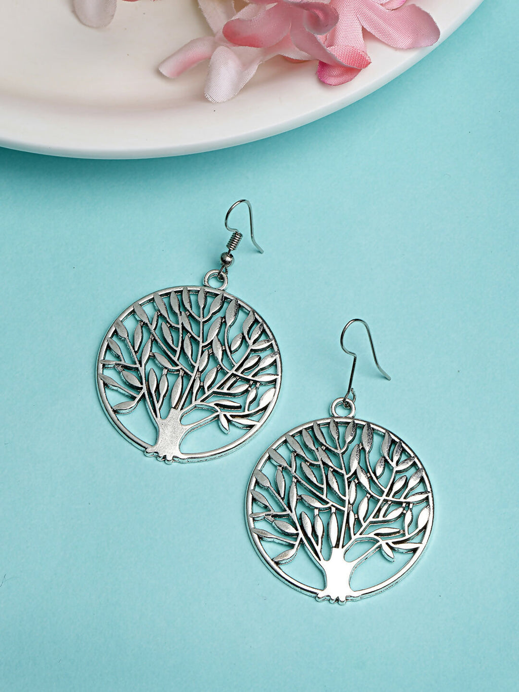 NVR Women's Silver-Toned Circular Shape German Silver Oxidised Drop Earrings | Grab2Buy