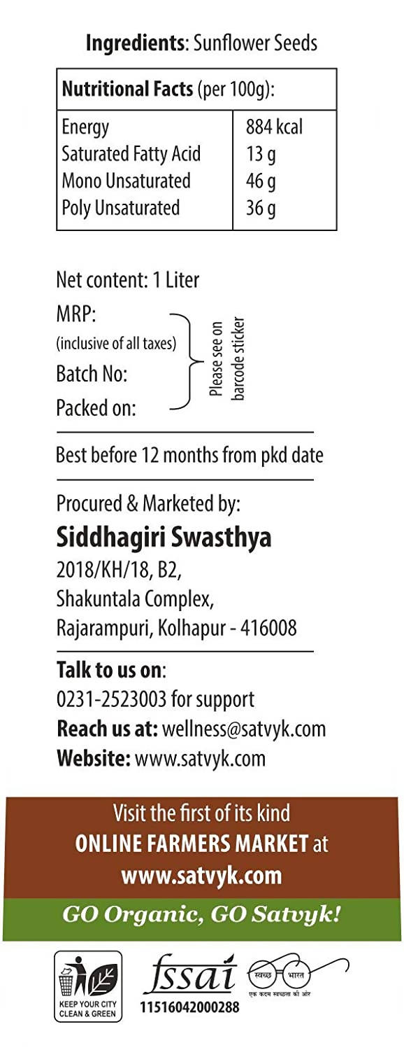 Siddhagiri's Satvyk Organic Wood Pressed Sunflower Oil | Grab2Buy