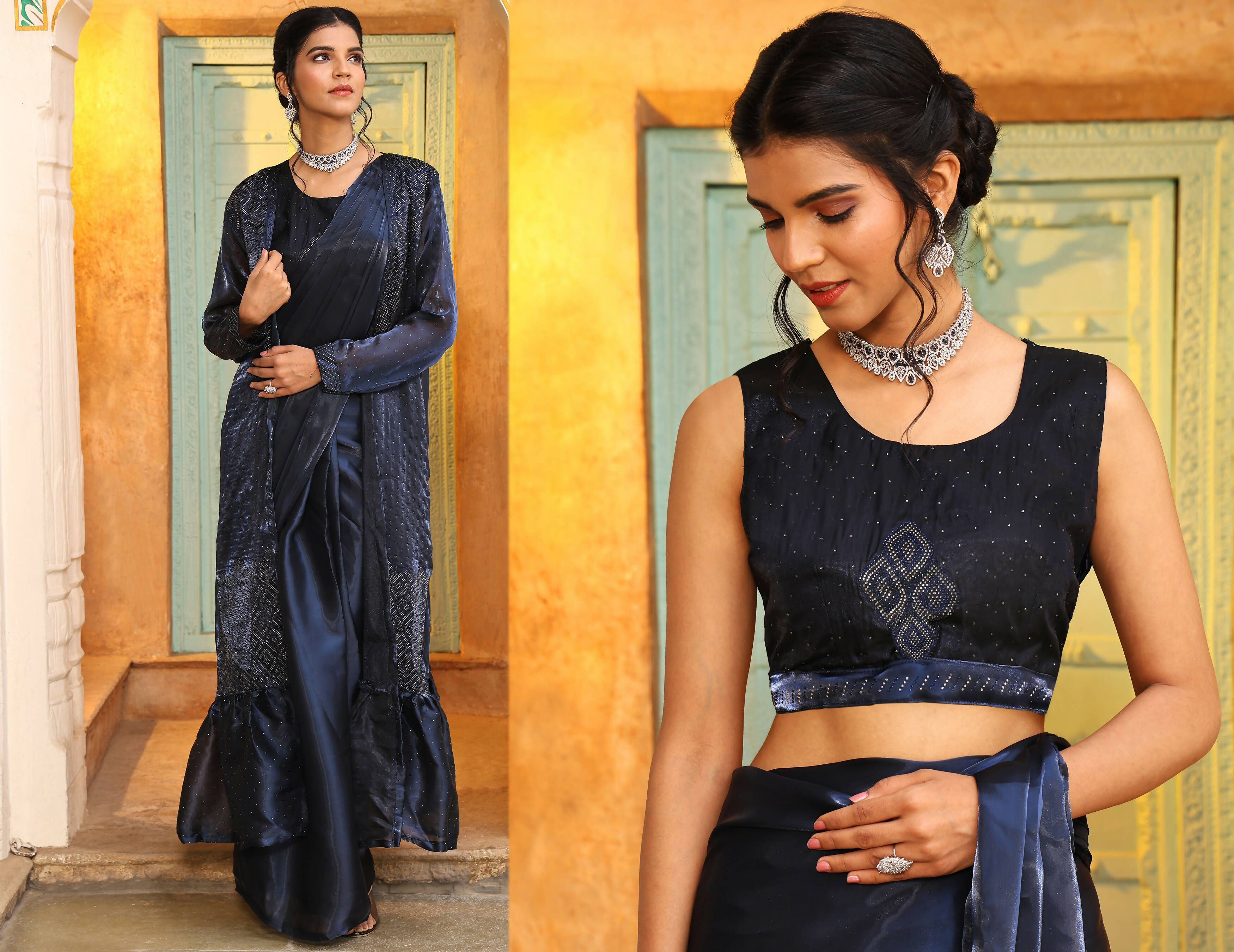 Navy Blue Tom Silk Plain Ready To Wear Saree With Stitched Blouse - Satiksha | Grab2Buy