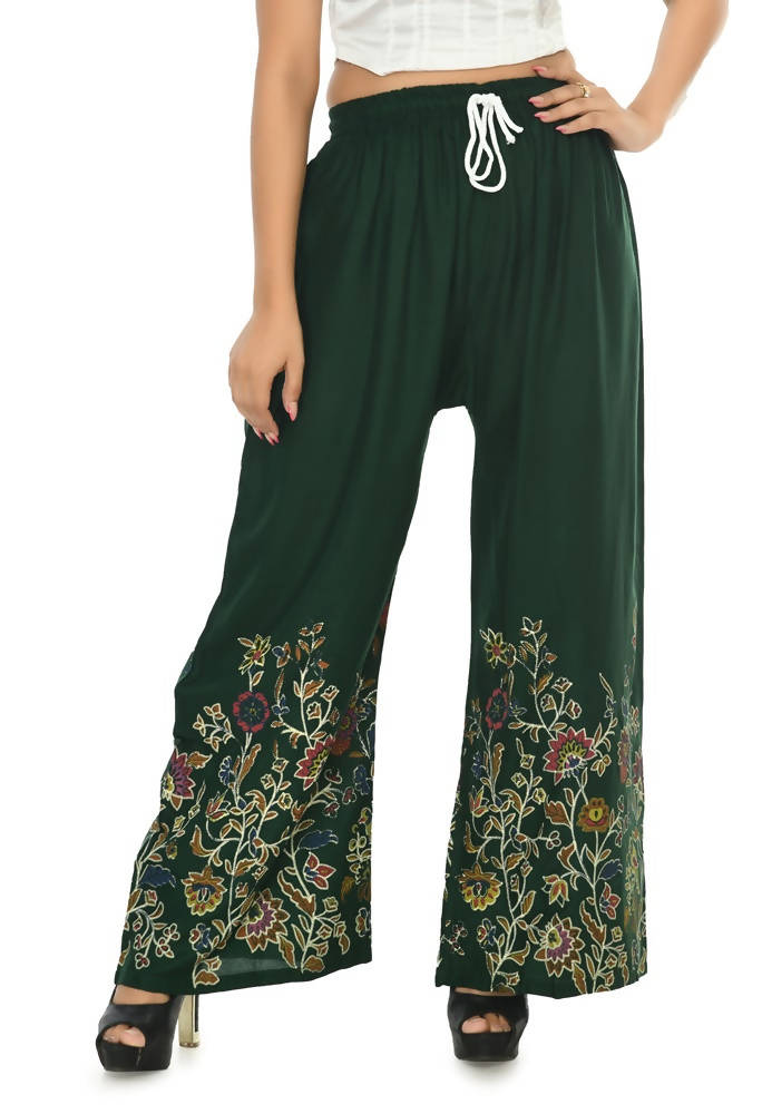 Mominos Fashion Moeza Reyon Cotton Bottle Green Floral Palazzo | Grab2Buy