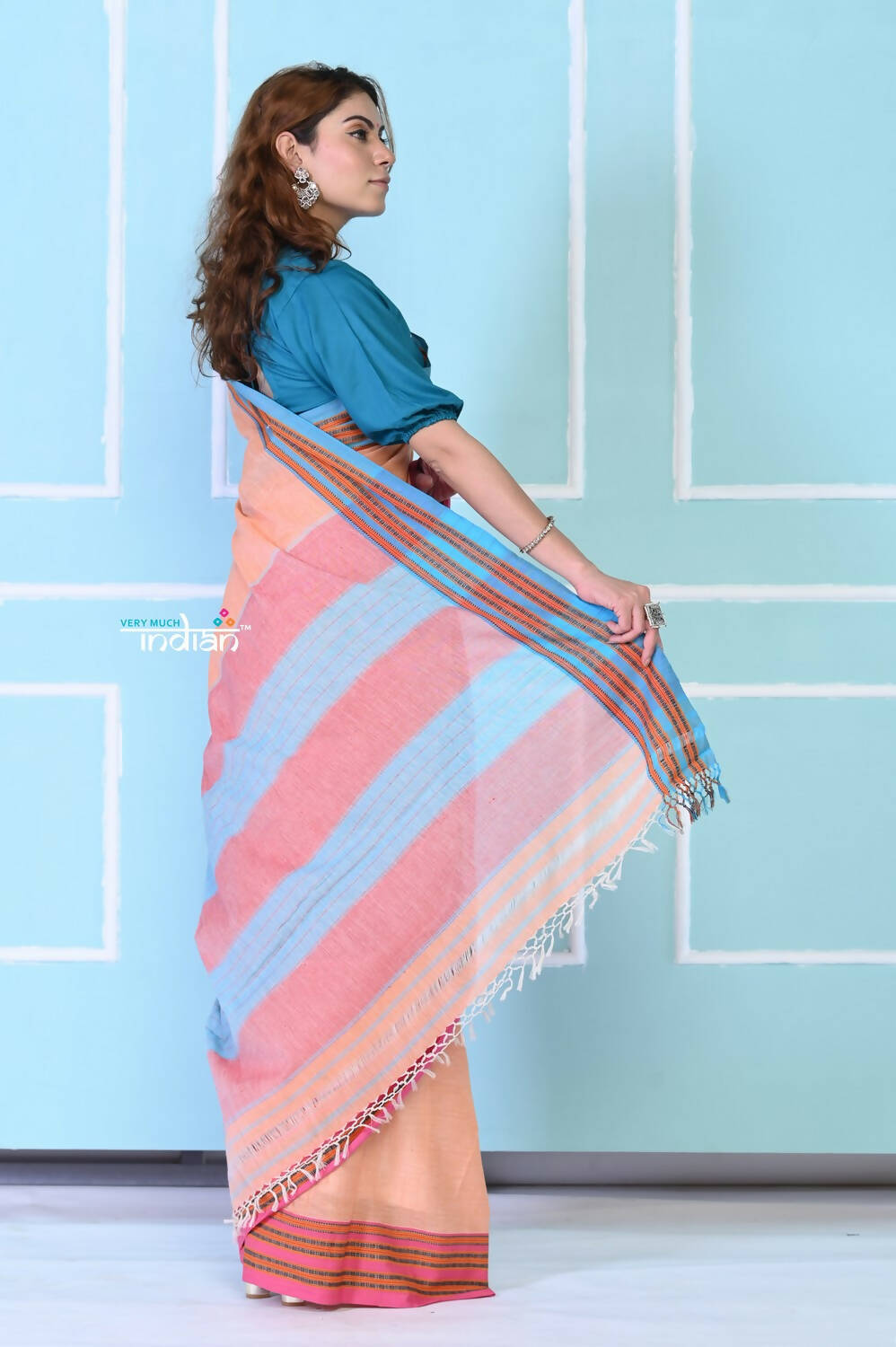 Very Much Indian Traditional Patteda Anchu Ilkal Handloom Saree - Peach Tone | Grab2Buy