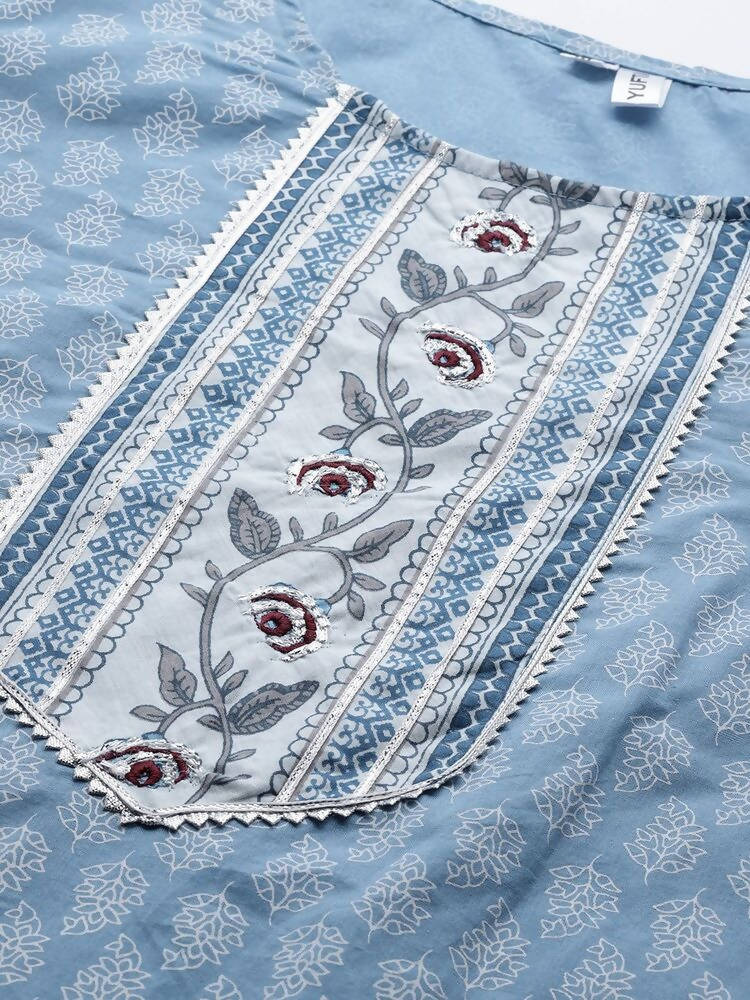 Yufta Women Blue and white printed kurta with Palazzo and Dupatta Set | Grab2Buy