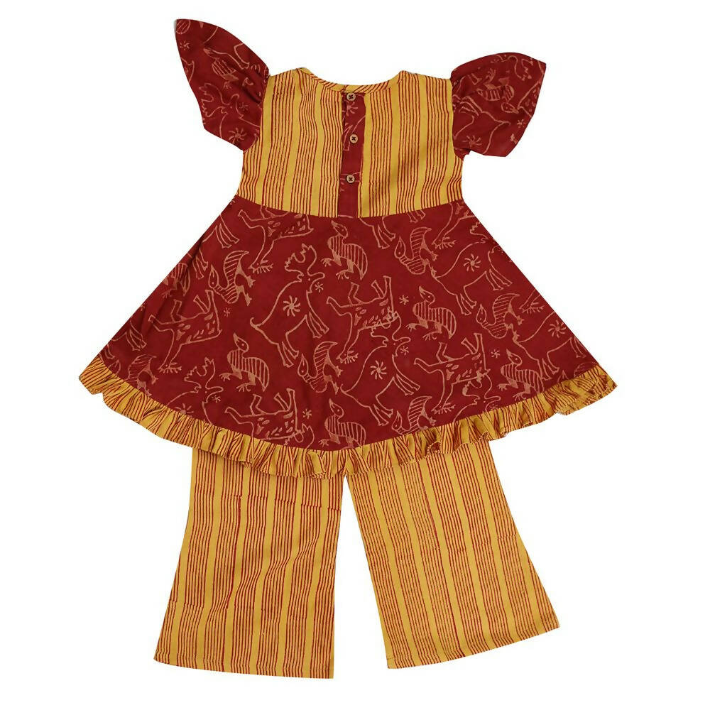 Mhyssa Aruba V- neck Puff Sleeves Red and Yellow Kurta With Full Length Pant Set For Kids | Grab2Buy