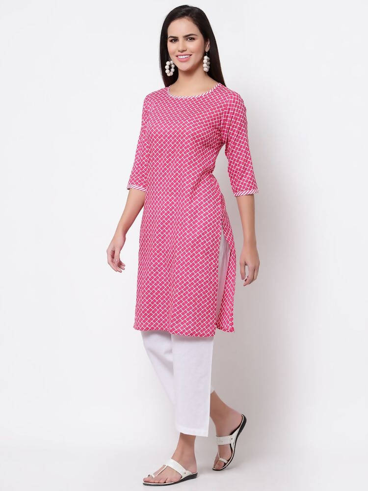 Myshka Women's Pink Cotton 3/4 Sleeve Round Neck Printed Casual Kurta | Grab2Buy