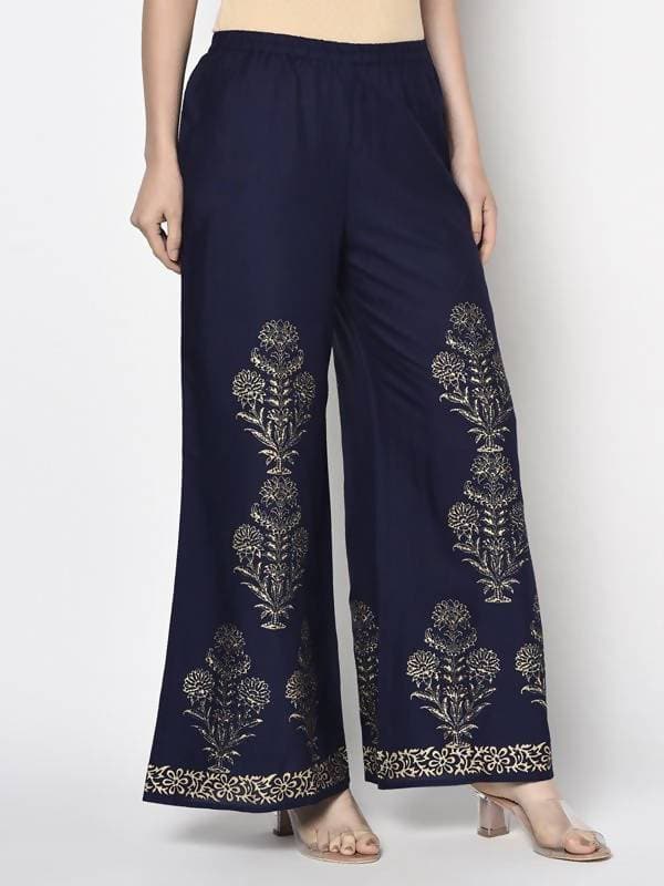 Aniyah Rayon Navy Blue Color Gold Print Flared Slip-On Palazzo (AN-193K) | Grab2Buy