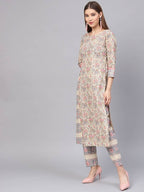 Yufta Women Beige & Grey Printed Kurta with Trouser | Grab2Buy