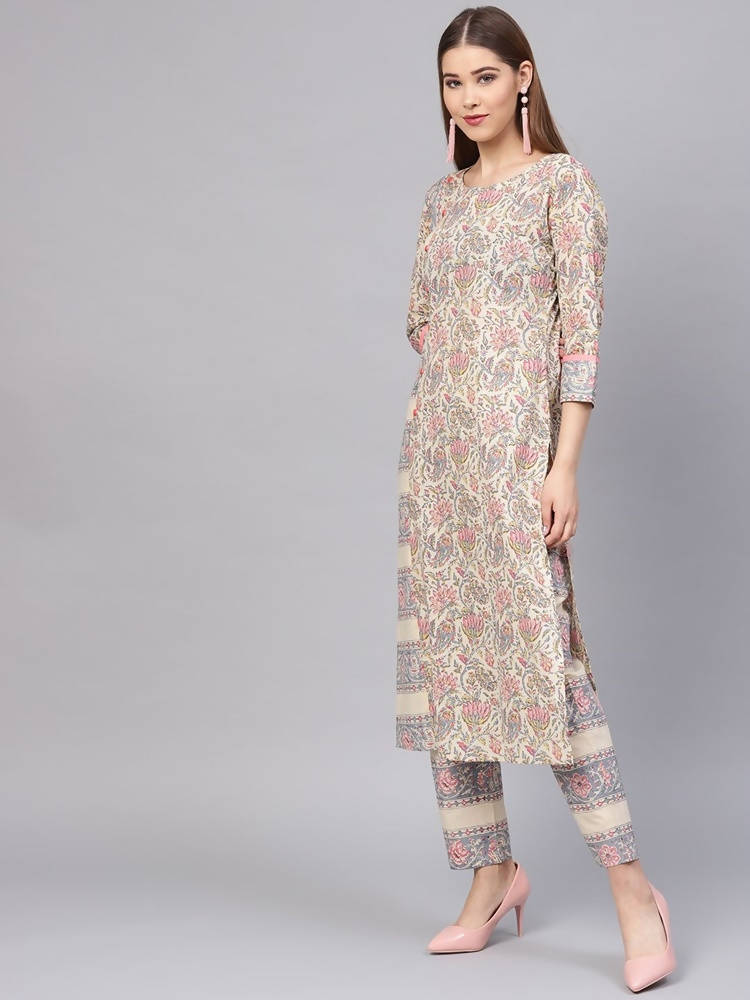Yufta Women Beige & Grey Printed Kurta with Trouser | Grab2Buy