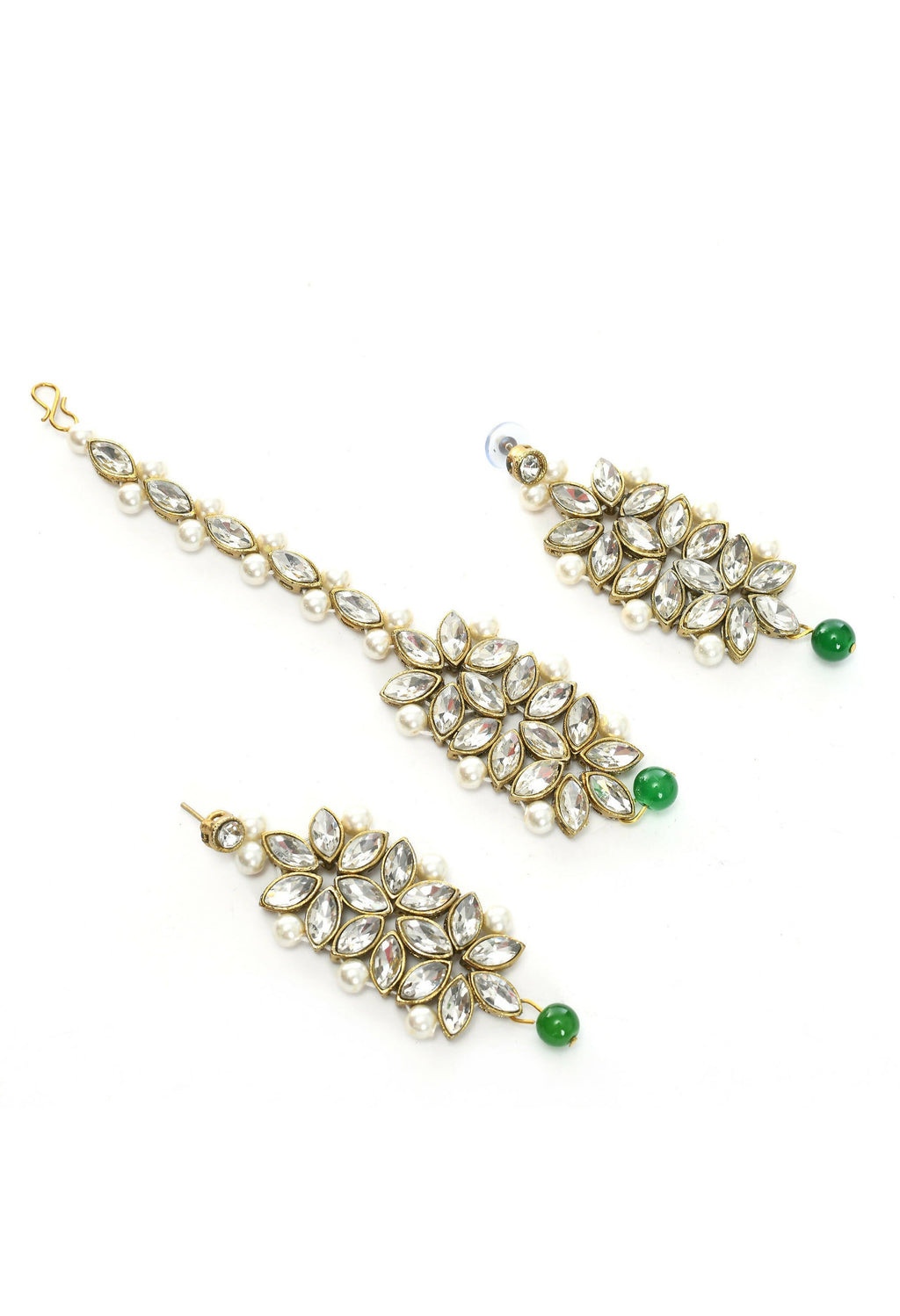 Mominos Fashion Johar Kamal Gold-Polished Rani Haar with Green and Off white Pearls Jewellery Set | Grab2Buy