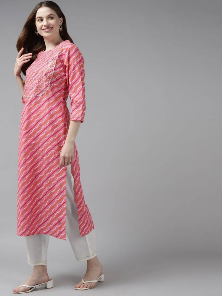 Yufta Women Pink Yoke Design Regular Sequined Pure Cotton Kurta with Palazzo and Dupatta | Grab2Buy