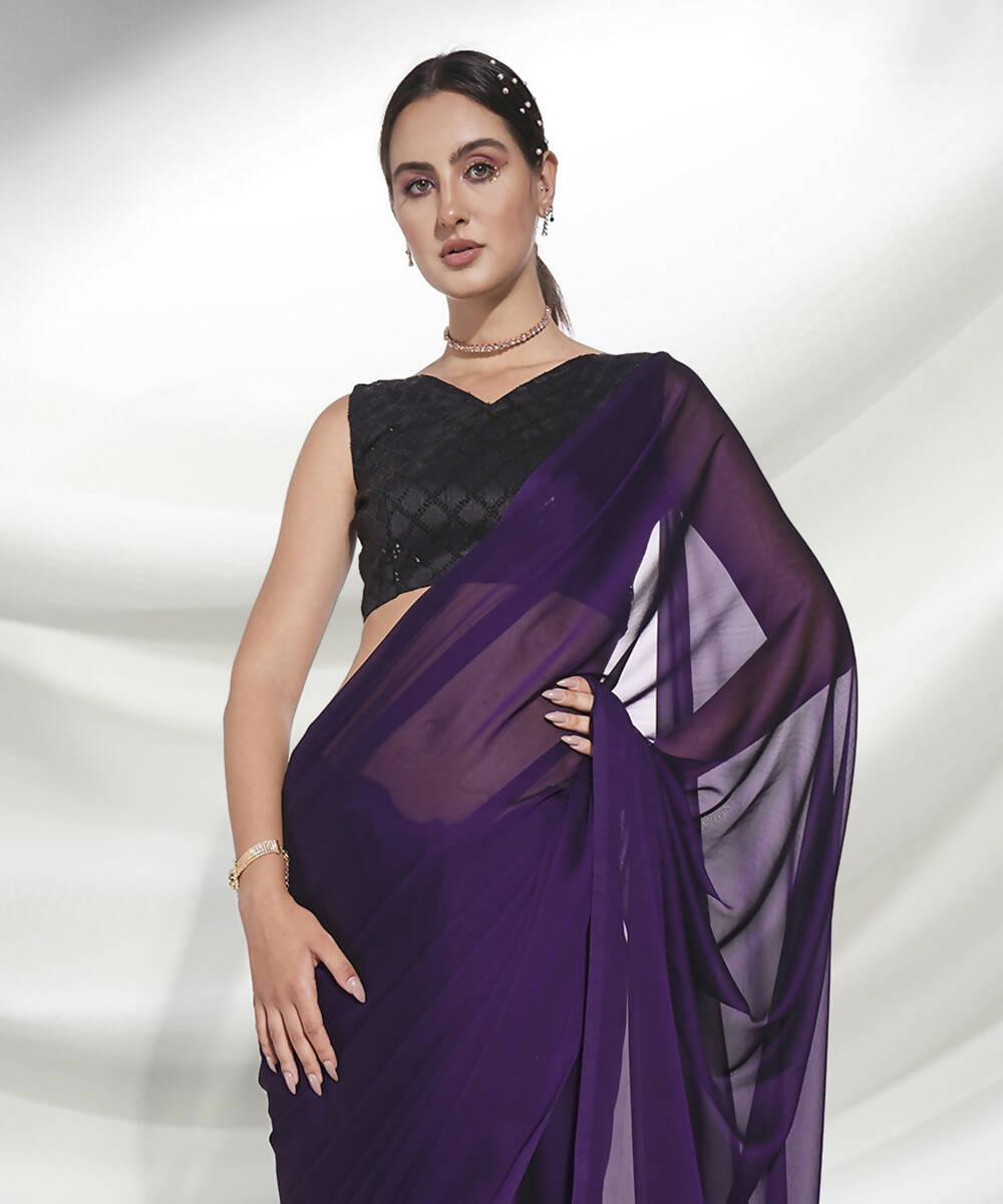 Purple Organza Solid Saree With Unstitched Blouse Piece - Shanaya | Grab2Buy