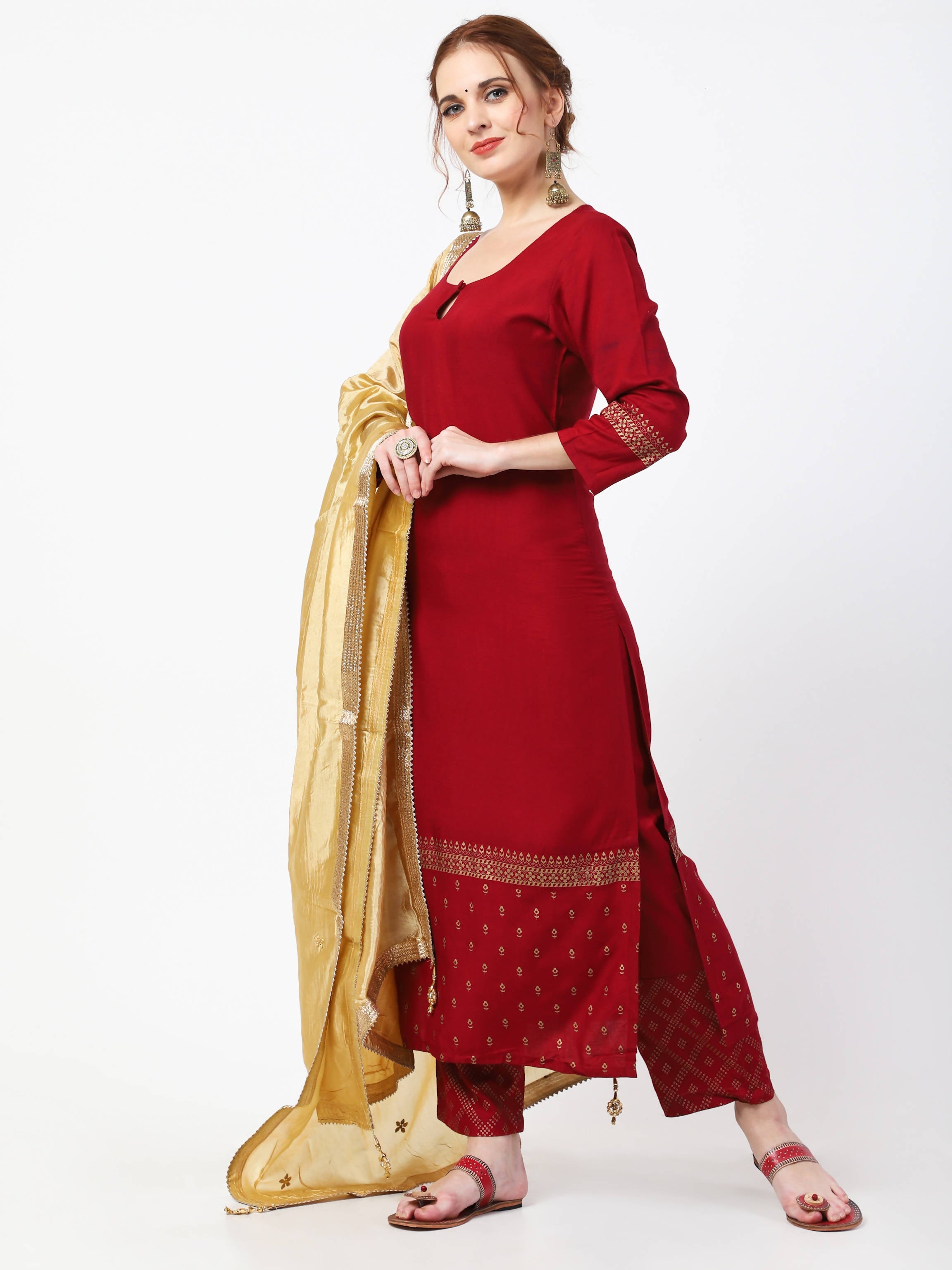 Cheera Maroon Kurta Palazzo & Silk Dupatta Set (CH-86KPD) | Grab2Buy