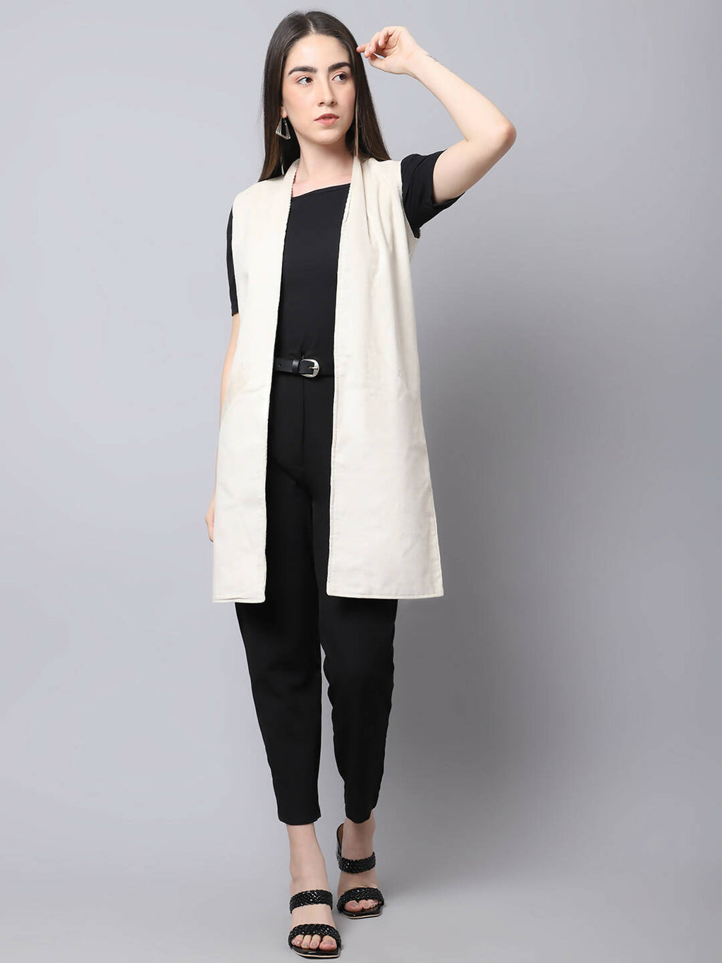 Even Apparels White Polywool Open Front Corduroy Women's Long Coat | Grab2Buy