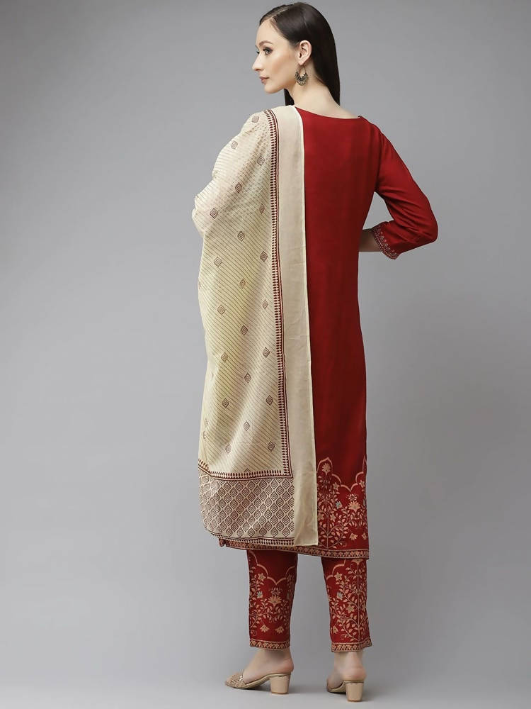 Yufta Women Maroon Ethnic Motifs Yoke Design Regular Thread Work Kurta with Palazzo & With Dupatta | Grab2Buy