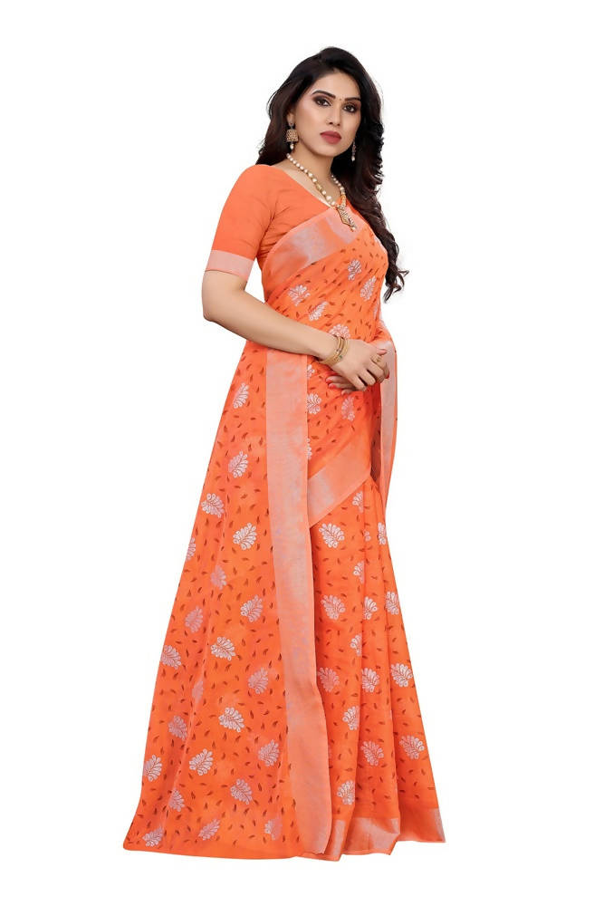 Vamika Orange Color Linen Zari Border Saree | Grab2Buy