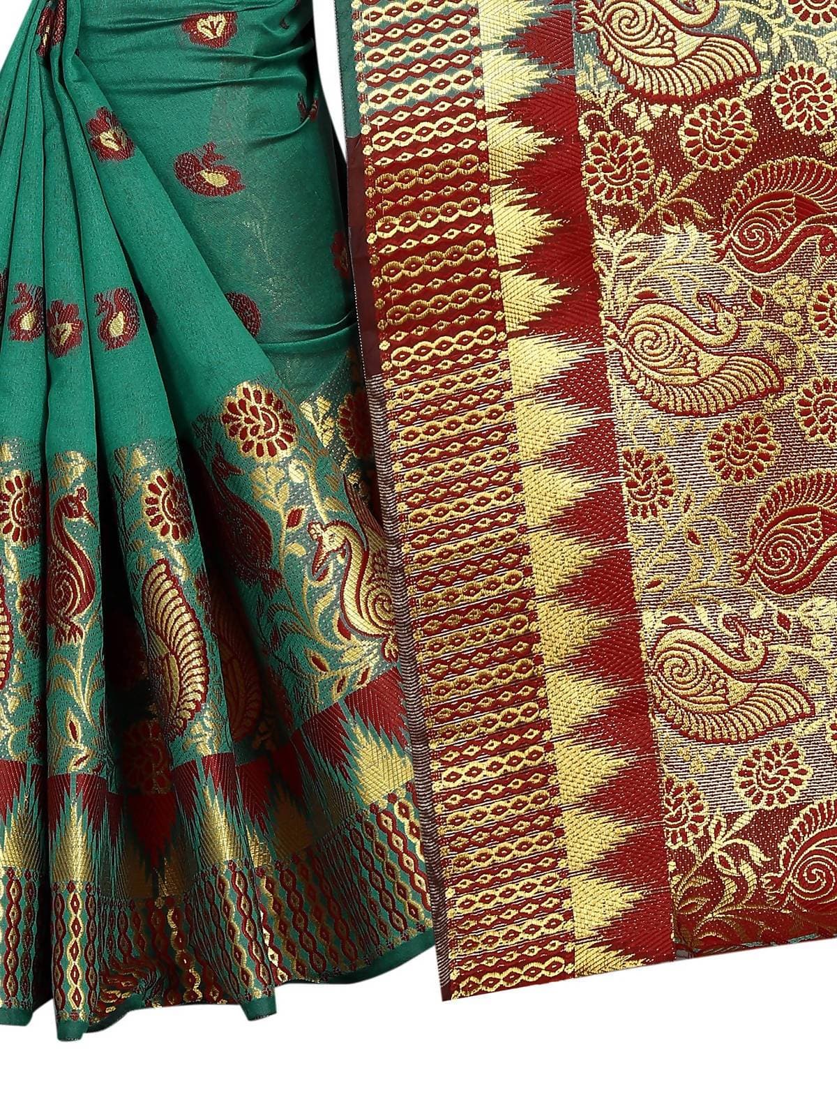 Vamika Banarasi Jaquard Rama Green & Red Weaving Saree | Grab2Buy