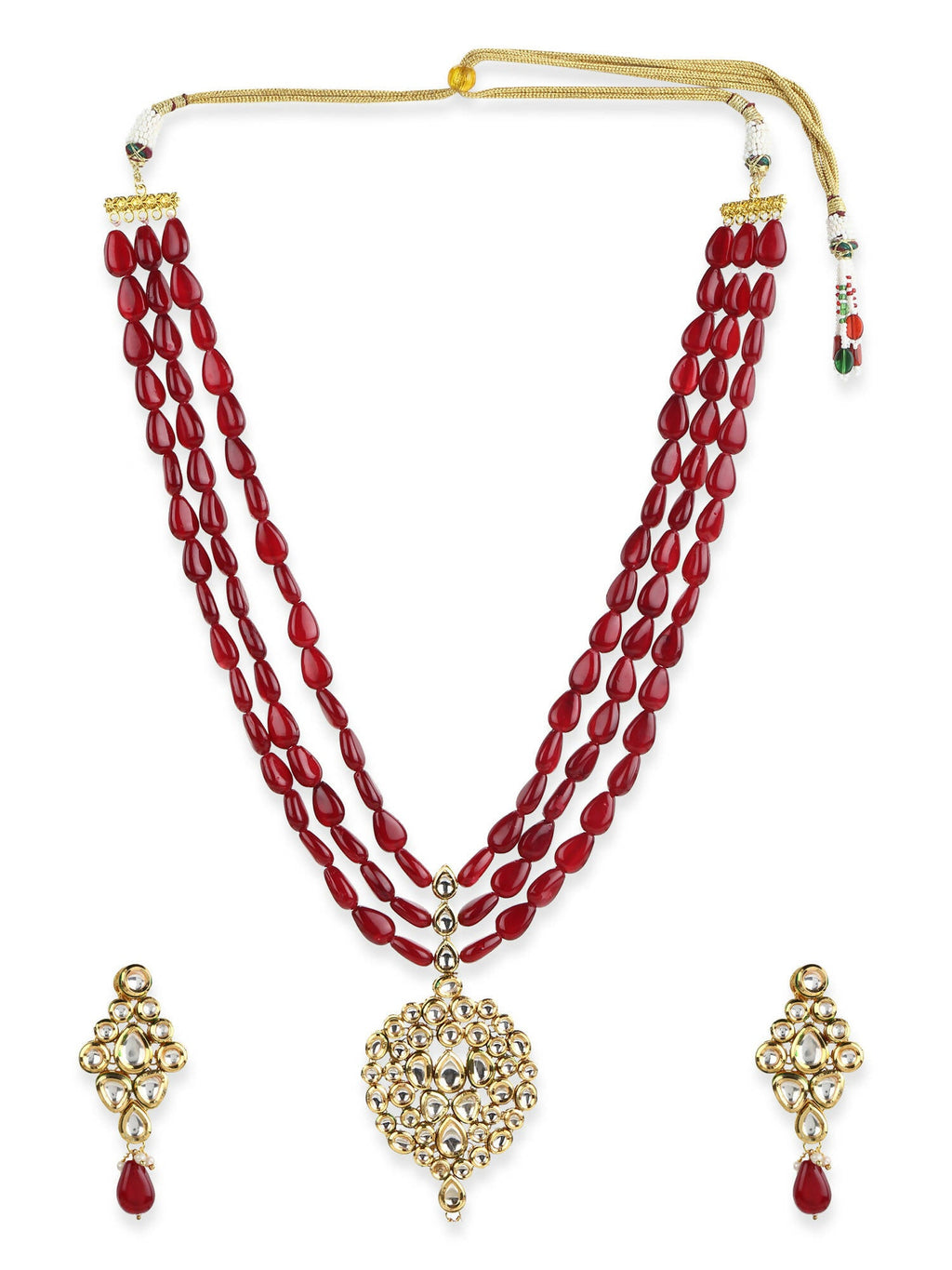 Gold-Polished White Maroon Kundan Studded Beaded Handcrafted Jewellery Set - Ruby Raang | Grab2Buy