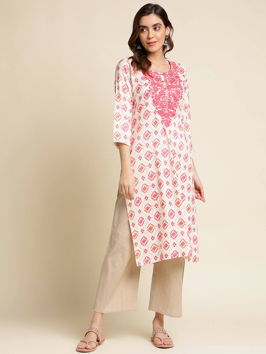 Pink Poly Rayon Aztec Printed Straight Fit Kurta - Prasuti | Grab2Buy