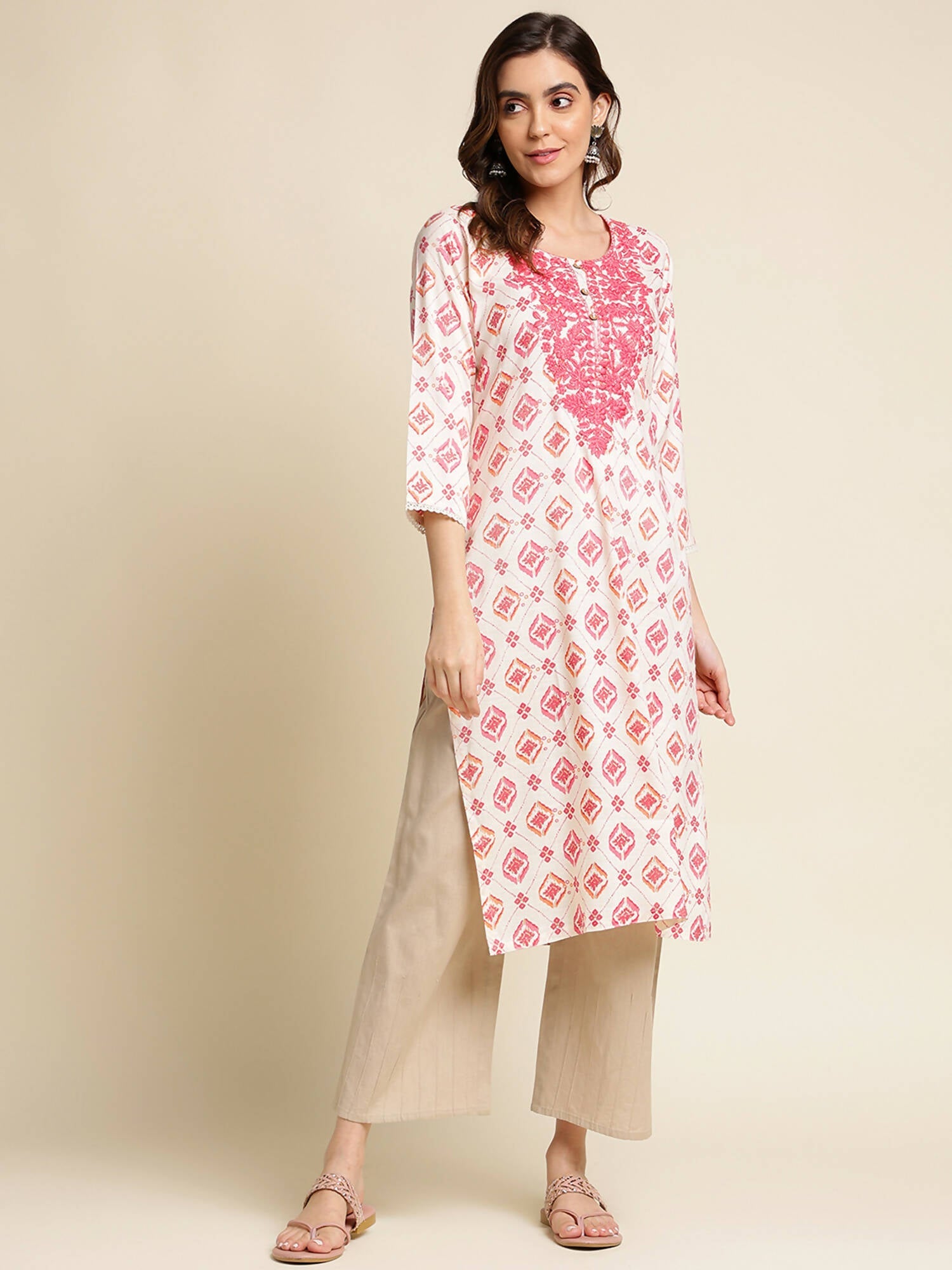 Pink Poly Rayon Aztec Printed Straight Fit Kurta - Prasuti | Grab2Buy