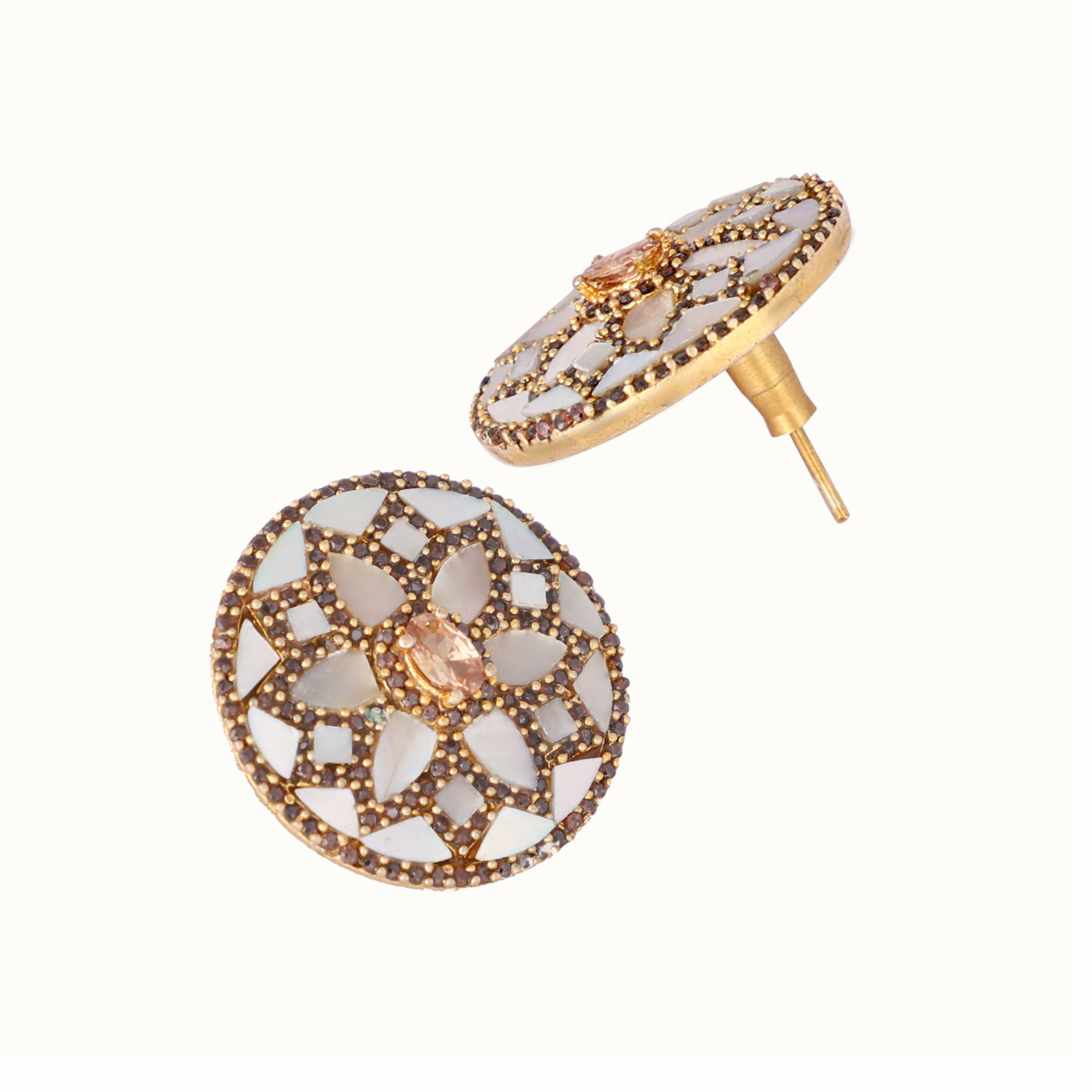 Nuyug 22K Gold Plated Mother of Pearls and Stone Studded Contemporary Floral Shaped Studs | Grab2Buy