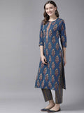Yufta Women Blue and Red Ethnic Motifs Pure Cotton Kurta with Trouser and Dupatta | Grab2Buy