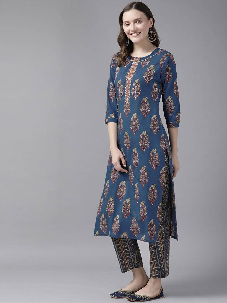 Yufta Women Blue and Red Ethnic Motifs Pure Cotton Kurta with Trouser and Dupatta | Grab2Buy