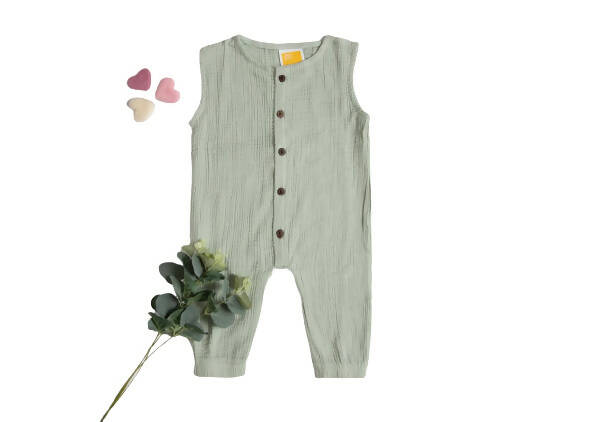 Sunshine Baby Cute Organic Muslin Cotton Sleeveless Full Length Rompers For Babies - Greenish Grey | Grab2Buy