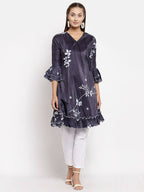 Myshka Women's Black Crep Printed Full Sleeve V Neck Casual Tunic | Grab2Buy