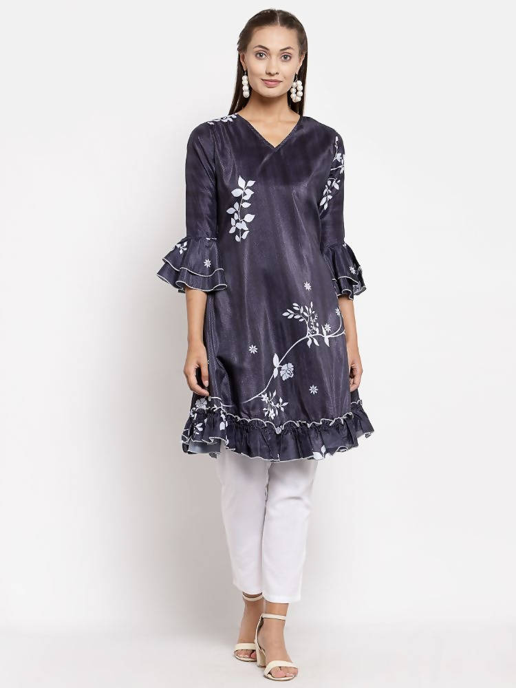Myshka Women's Black Crep Printed Full Sleeve V Neck Casual Tunic | Grab2Buy