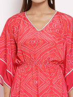 Myshka Women's Pink Cotton Printed 3/4 Sleeve V Neck Casual Kaftan | Grab2Buy