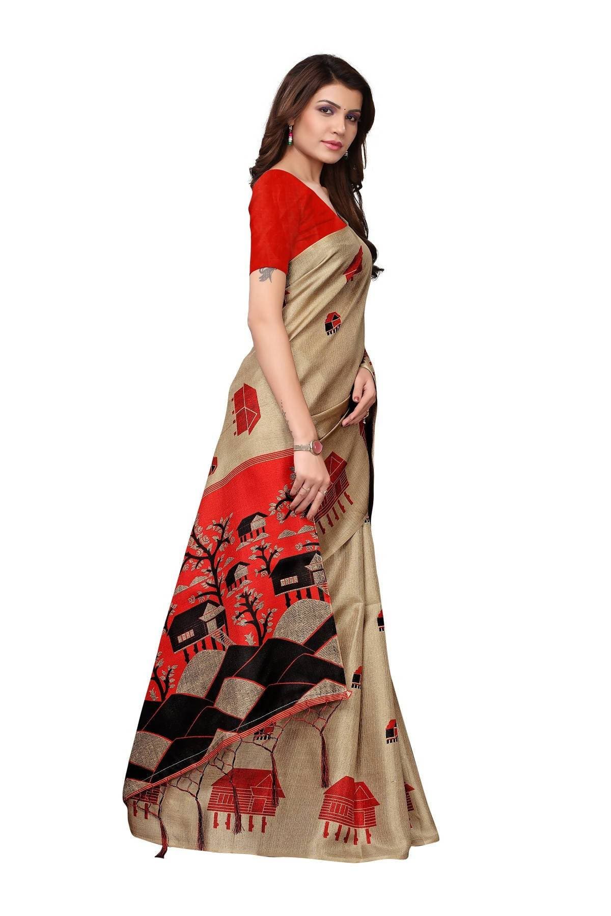 Vamika Traditional Chiku & Red Kalamkari With Jhalar Khadi Silk Saree | Grab2Buy