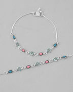 VOJ Set of 2 Silver Plated Heart Shaped Meenakari Anklet